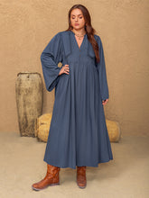 Plus Size Lace Detail Notched Long Sleeve Midi Dress Dusty Blue OutfitFlow